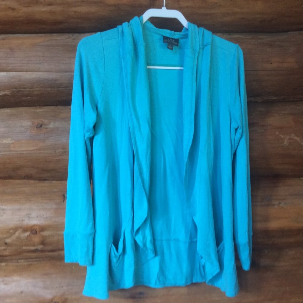 Nomadic Traders Blue Hooded Athleisure Feminine Relaxed Cardigan Size Medium